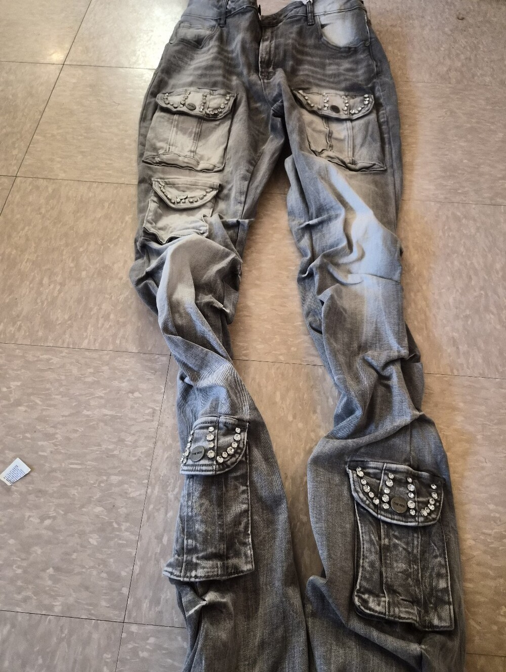 Women  Gray Cargo Jeans with Rhinestobe  Flap Pockets